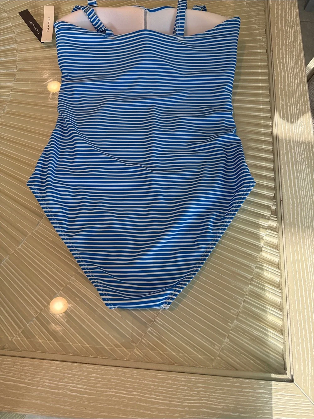 Tahari Blue & White Ruched  One-Piece Swimsuit.